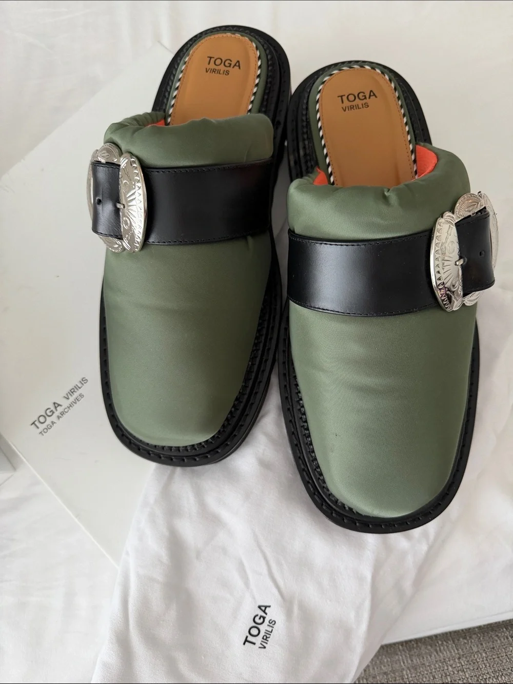 TOGA Virilis AJ 1357 Olive Nylon Slip-on Buckle Mules Men’s EU 45 / US 12